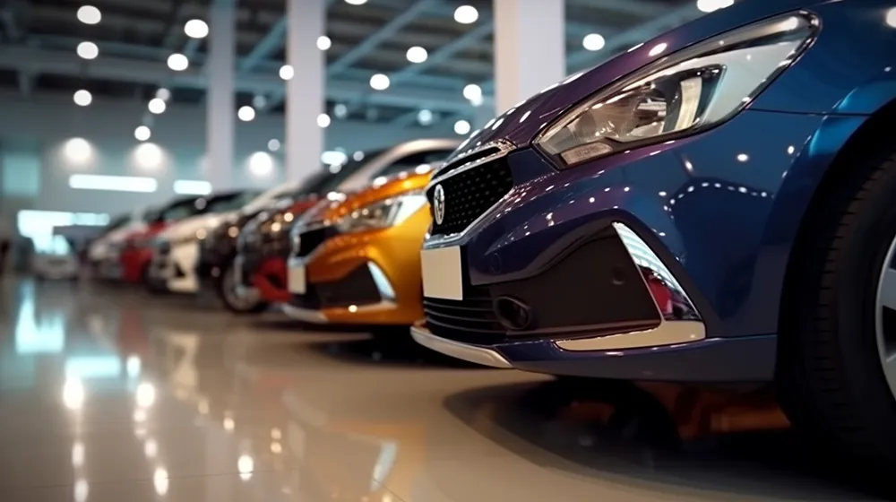 Row of cars in an indoor dealer showroom using a Dynamics 365 CRM Automotive solution