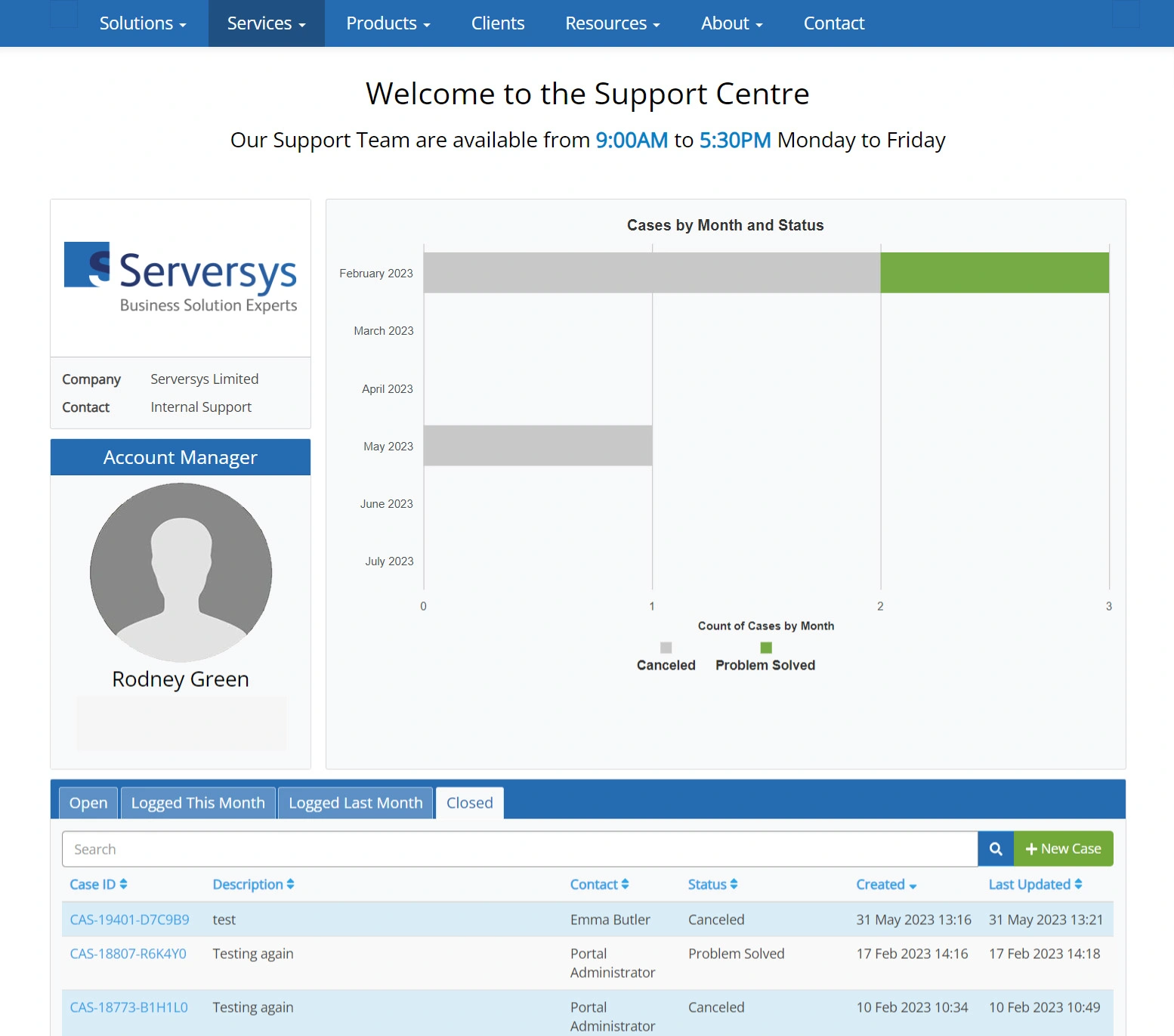 Support centre screenshot