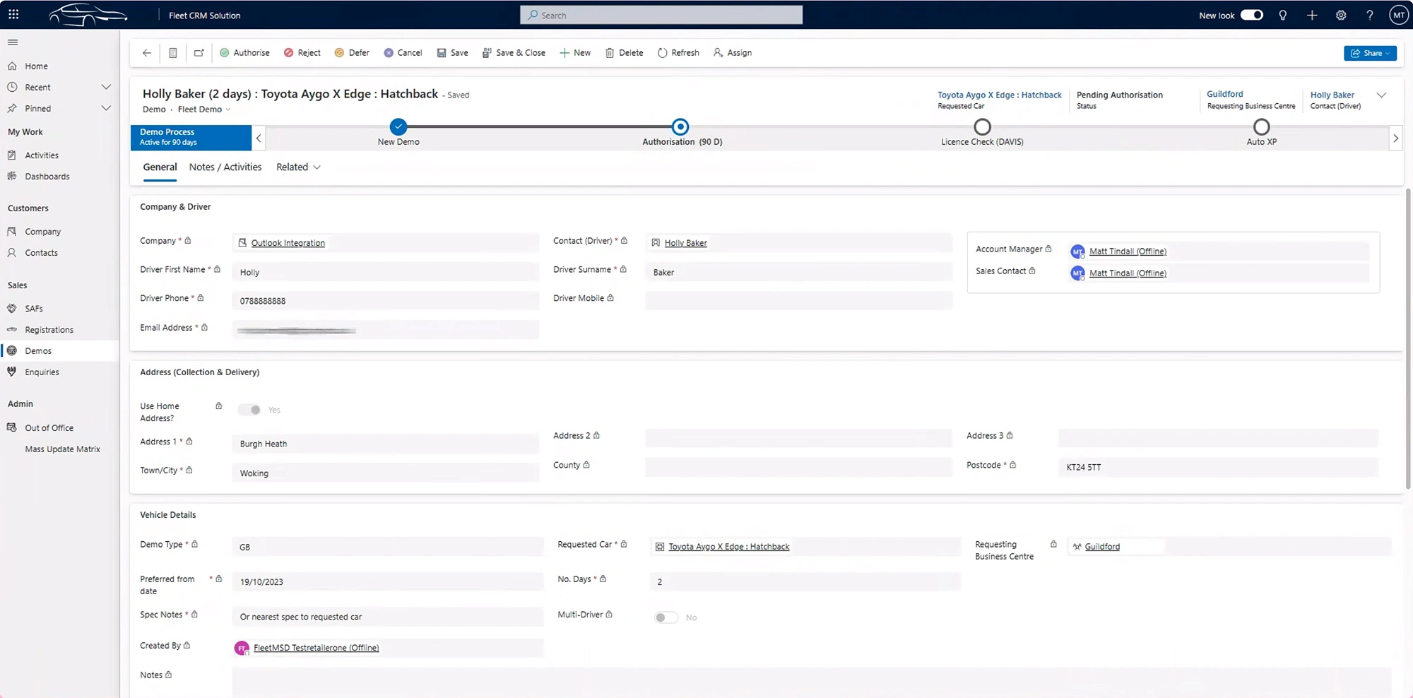 DAVIS driver licence check integration for Dynamics 365 to manage vehicle demo booking processes.