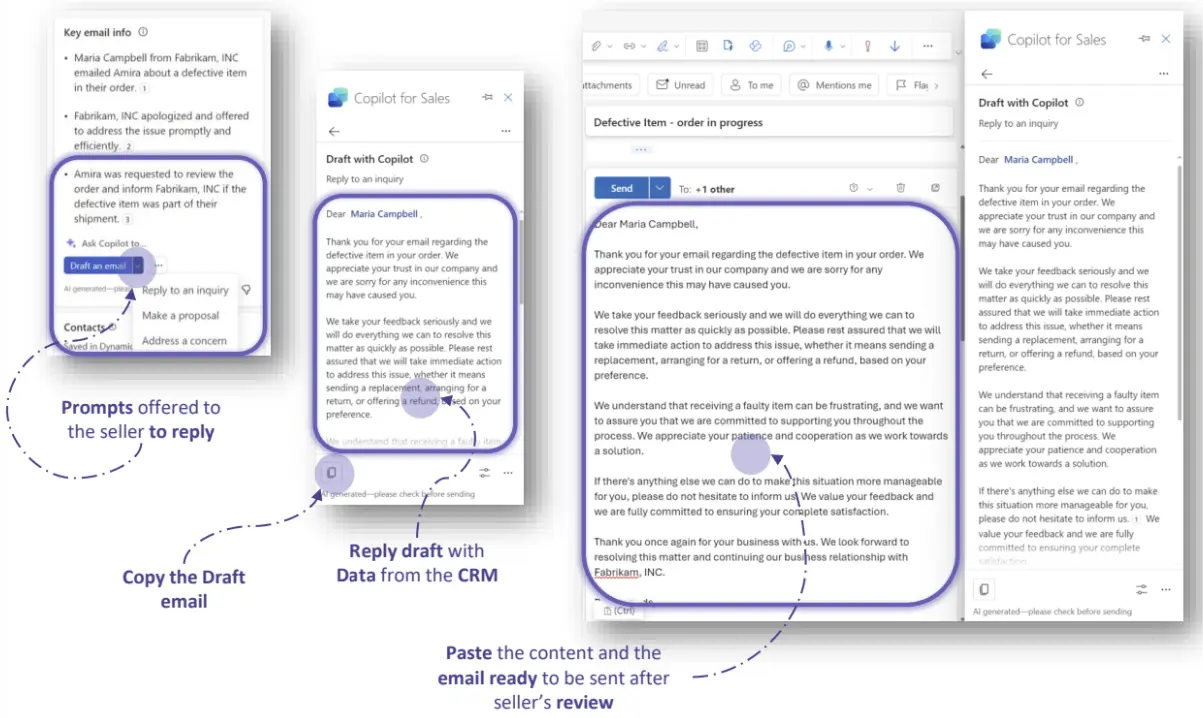 Copilot for Sales AI assisted email example screenshot