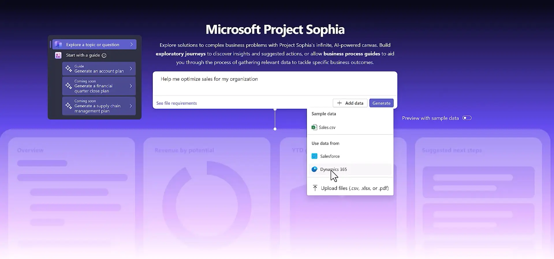 Project Sophia screenshot showing selection of Dynamics 365 data source