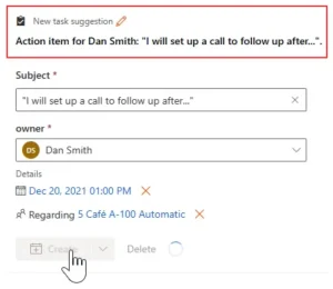 Conversation Intelligence suggested post-call action item to create an activity