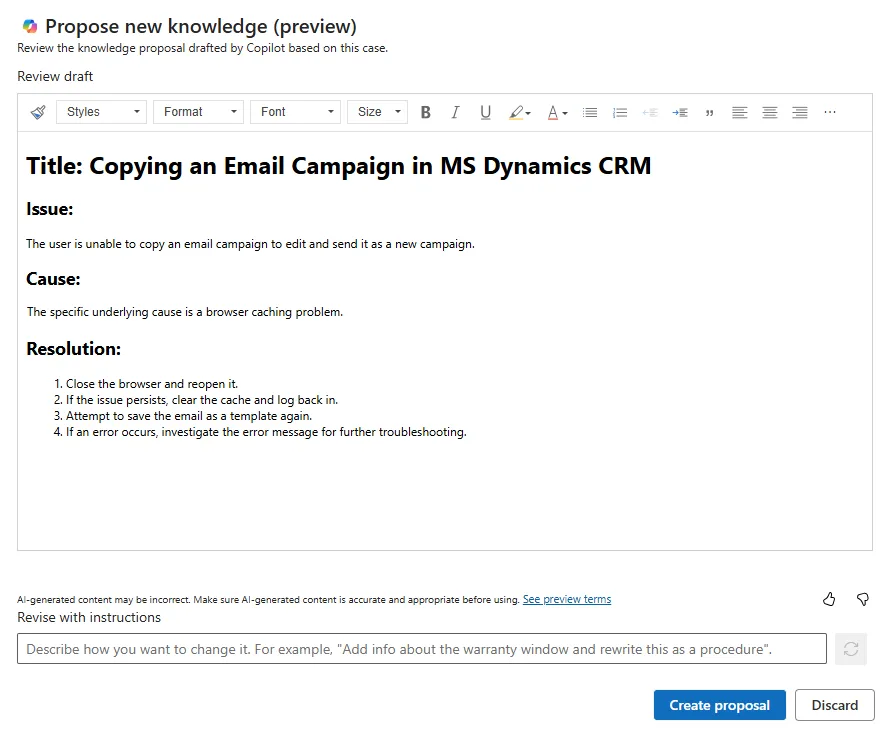 Draft article for knowledge base article with copilot customer service