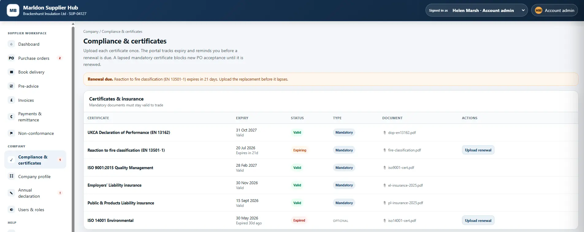 compliance-certificates-portal Certificate compliance status in a supplier web portal