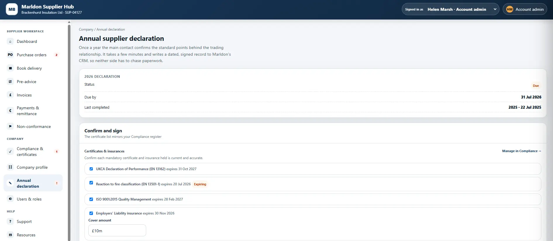 supplier-declaration supplier compliance declaration screen in a web portal