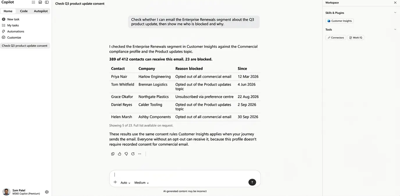 copilot-customer-insights-response Copilot simulated response about D365 Customer Insights segment and consent